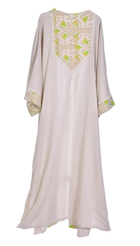 ALKUTBIA Beige Linen Kimono with Green and Gold Details