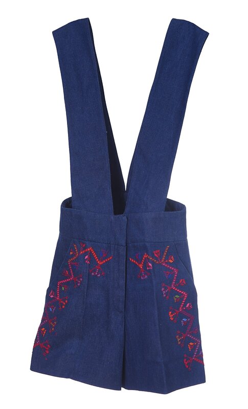 RASHA ODEH DESIGNS Short Denim Jumpsuit with Red Hand Embroidery