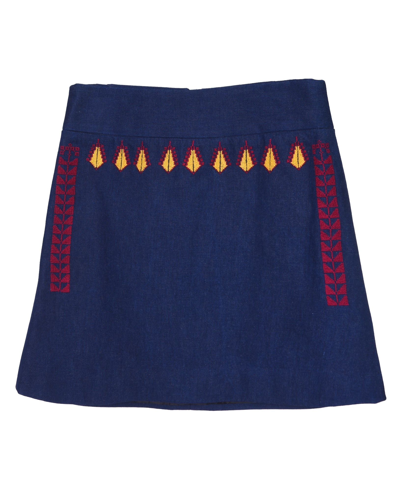 RASHA ODEH DESIGNS Short High Waisted Denim Skirt with Yellow and Red Hand-Embroidery