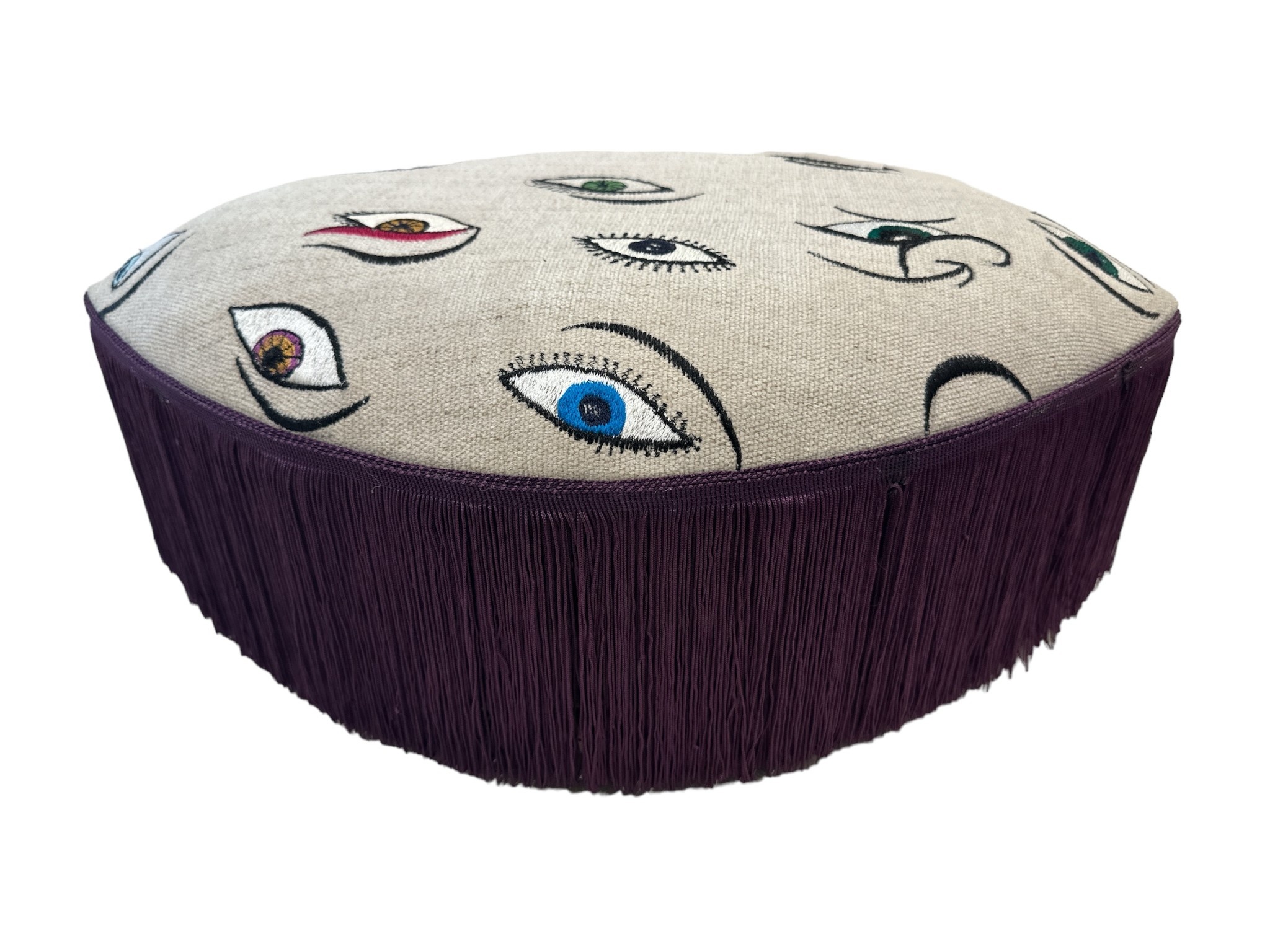 ROCKNRULA Embroidered Beige Eyes Footstool with Purple Tassels