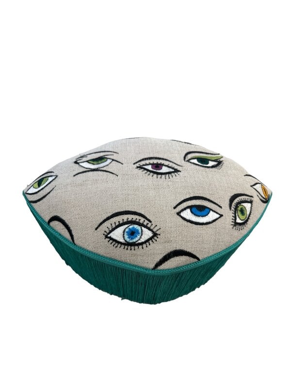 ROCKNRULA Embroidered Beige Eyes Footstool with Green Tassels