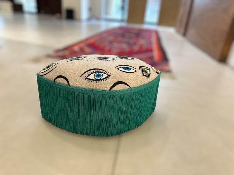 ROCKNRULA Embroidered Beige Eyes Footstool with Green Tassels