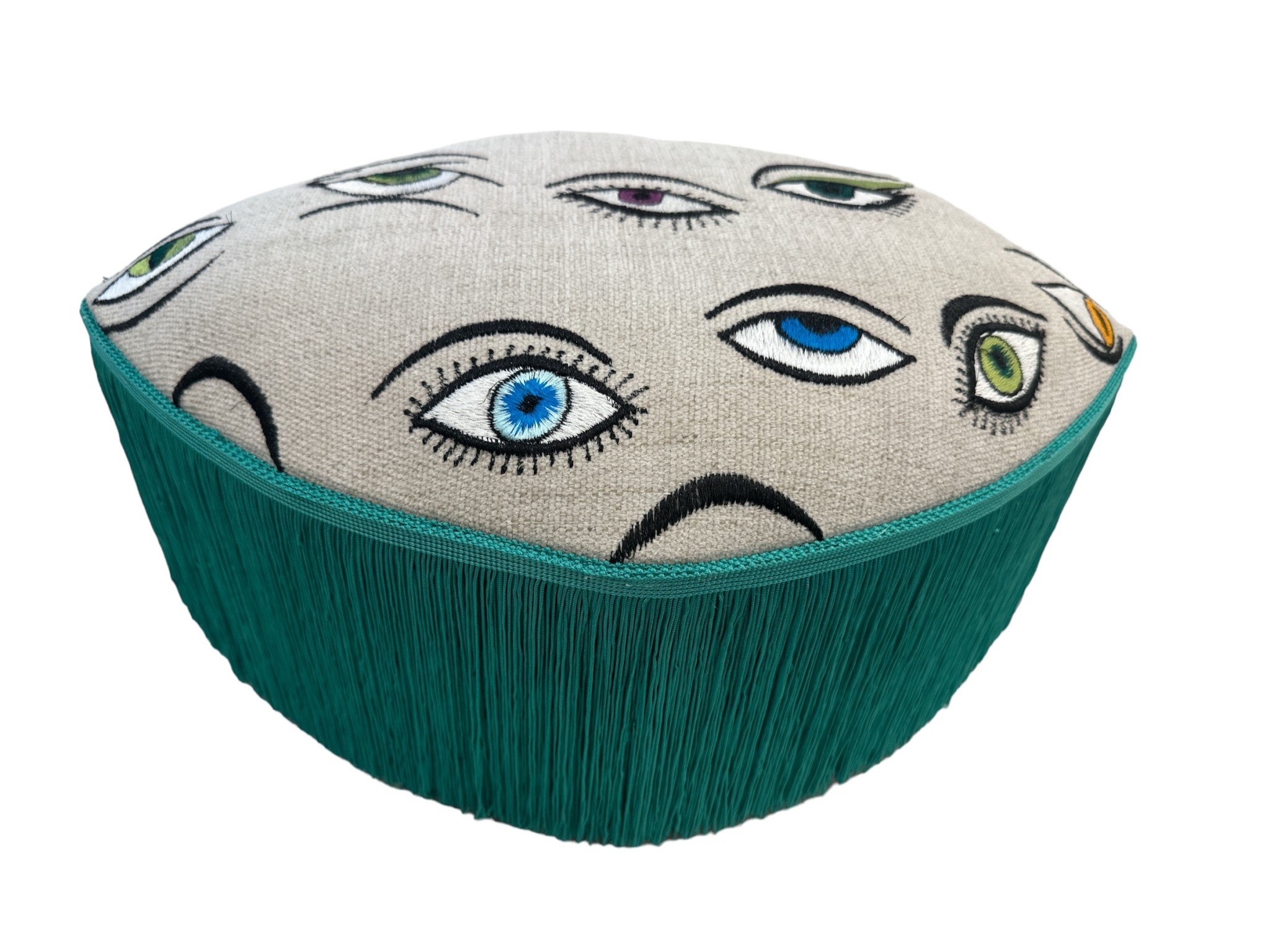 ROCKNRULA Embroidered Beige Eyes Footstool with Green Tassels