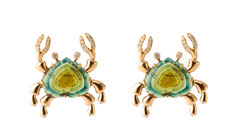 JOHN NAJARIAN Carved Tourmaline Diamond Crab Earrings