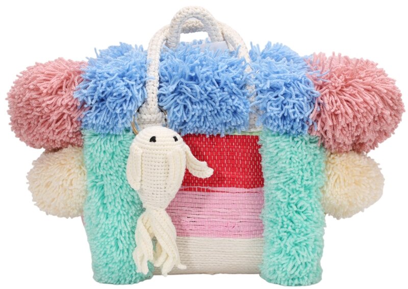 BASMA COLLECTION Pink and Blue pom pom tote bag with fish crochet chain