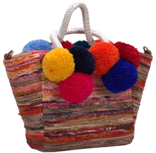 BASMA COLLECTION Colorful striped stitch tote bag with pompoms