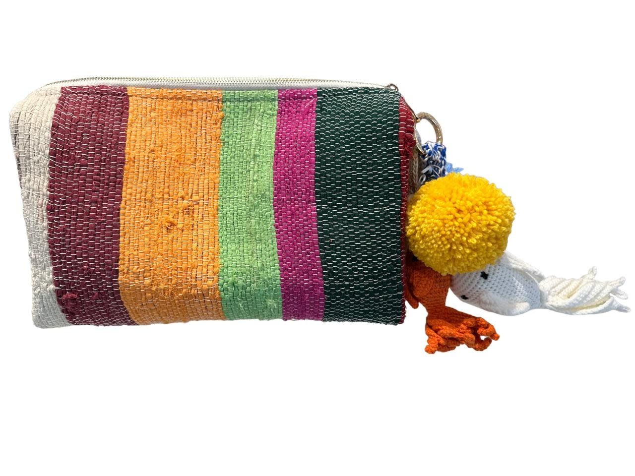 BASMA COLLECTION XL Multicolored Striped Clutch Bag with White & Orange Crochet Fish & Pompoms