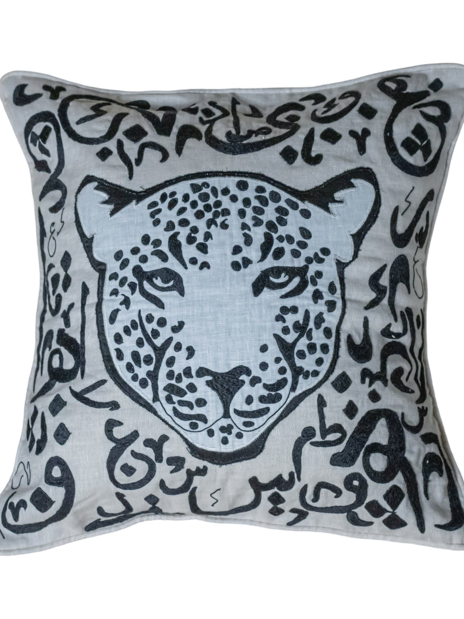 JORDAN RIVER FOUNDATION White Tiger Cushion with Arabic Calligraphy