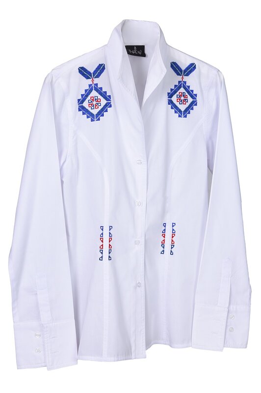 RASHA ODEH DESIGNS White Shirt with Blue and Red Hand-Embroidery