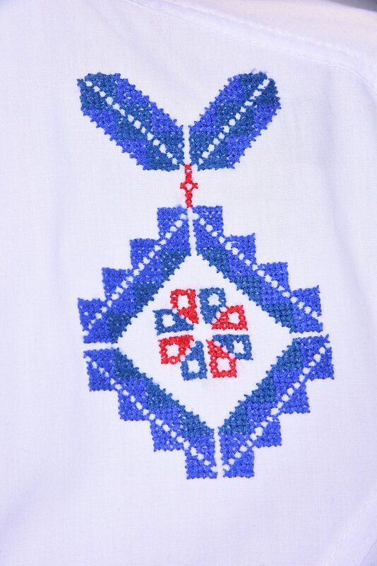 RASHA ODEH DESIGNS White Shirt with Blue and Red Hand-Embroidery