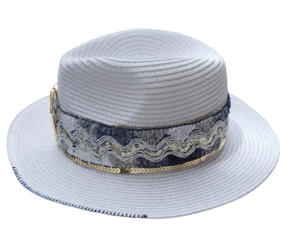 LULUS BOX White Fedora Hat with Gold and Shades of Blue Details