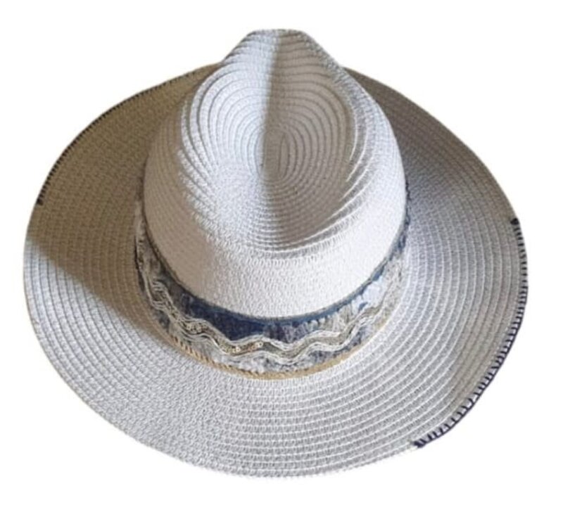 LULUS BOX White Fedora Hat with Gold and Shades of Blue Details