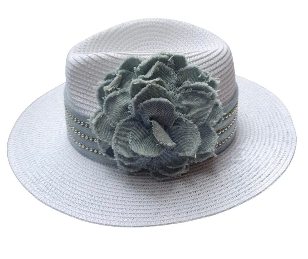 LULUS BOX White Fedora Hat with Denim Flower and Gold Details