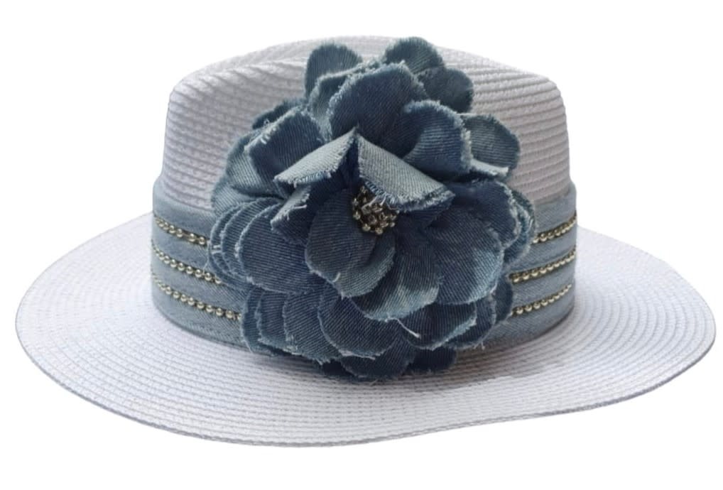 LULUS BOX White Fedora Hat with Denim Flower and Gold Details