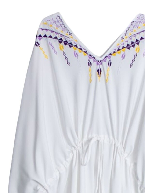 SOUK BALADNA White drawstring cover up with purple & yellow cross stitch embroidery