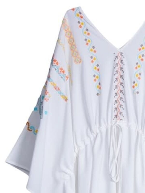 SOUK BALADNA White drawstring cover up with colorful cross stitch embroidery