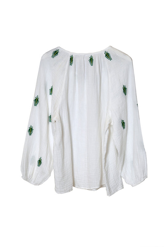 HIND MADE White Cotton Shirt with Hand-Stitched Green Leaves