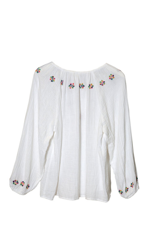 HIND MADE White Cotton Shirt with Hand-Stitched Colorful Flowers