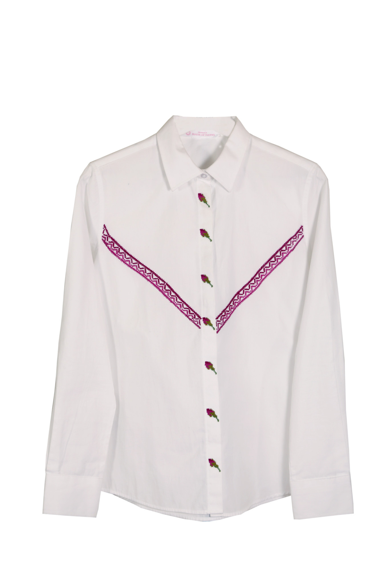 HOUSE OF INNANA White Button Up Shirt with Floral Embroidery