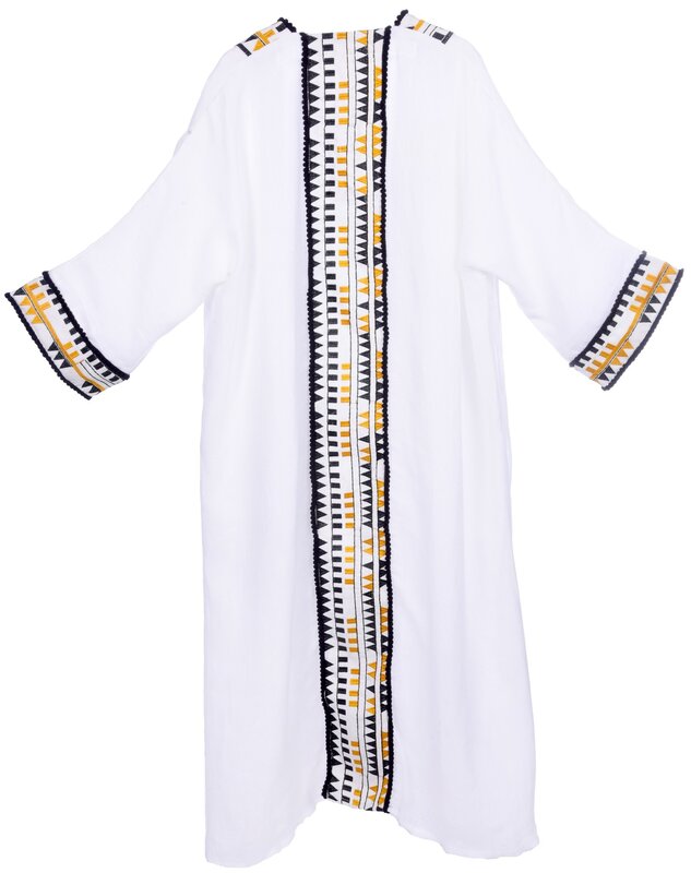 BY RAFAH White Bisht with Yellow and Black Geometric Lining Details