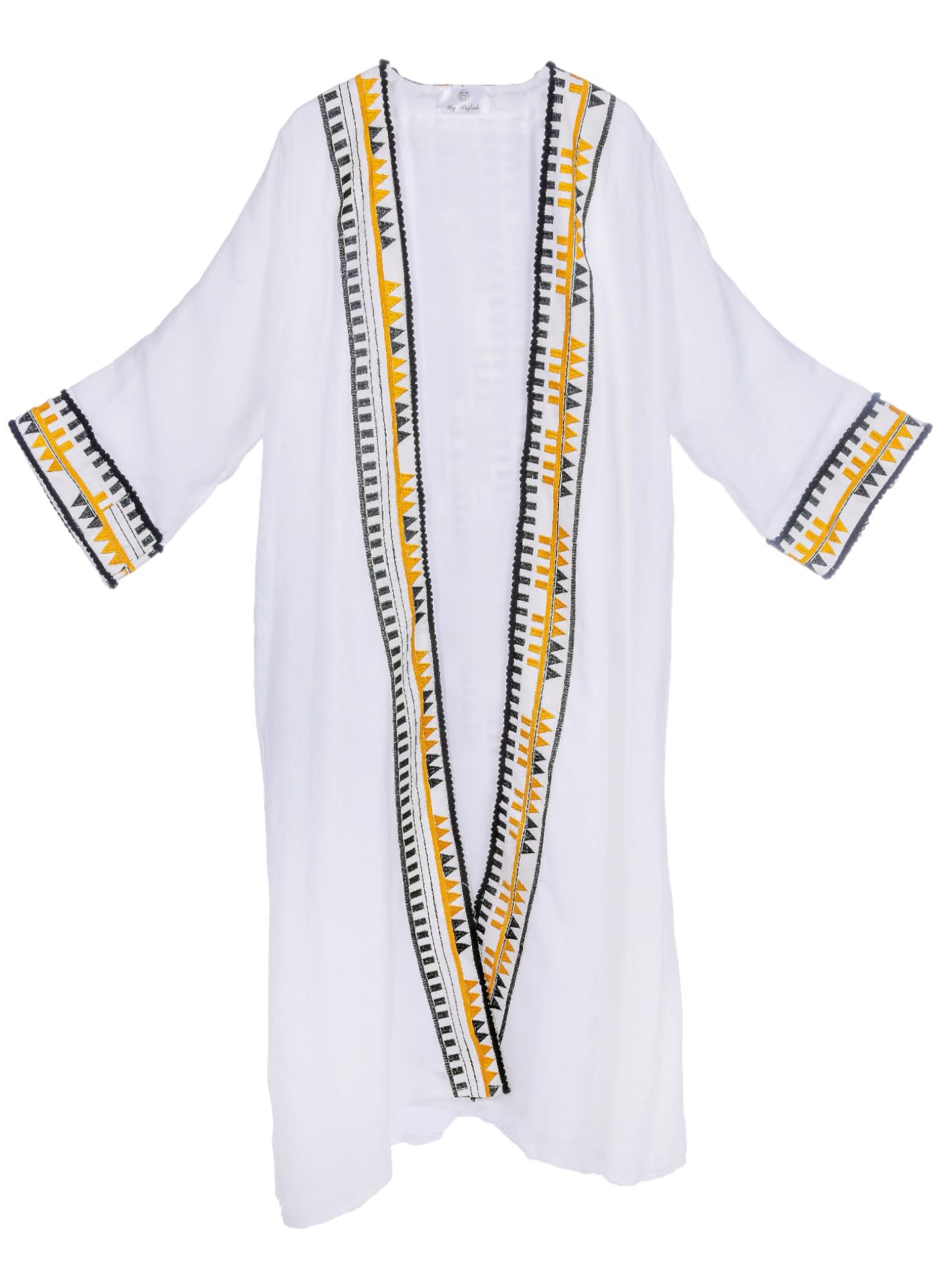 BY RAFAH White Bisht with Yellow and Black Geometric Lining Details