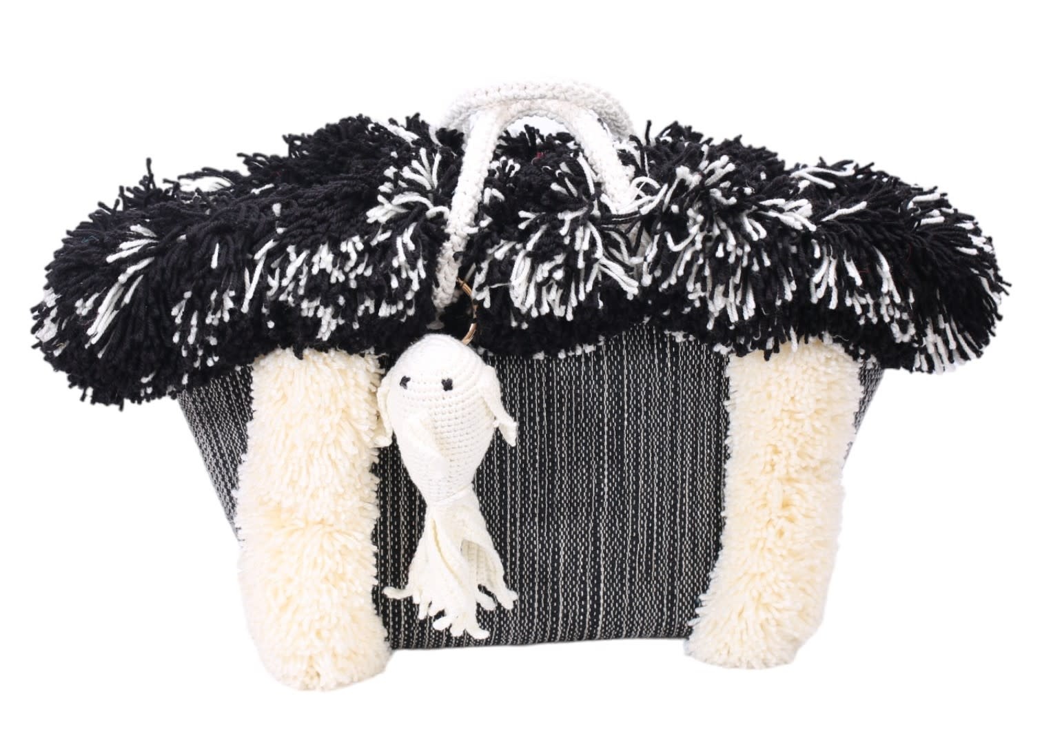 BASMA COLLECTION White and Black Pom Pom Tote bag with fish crochet chain