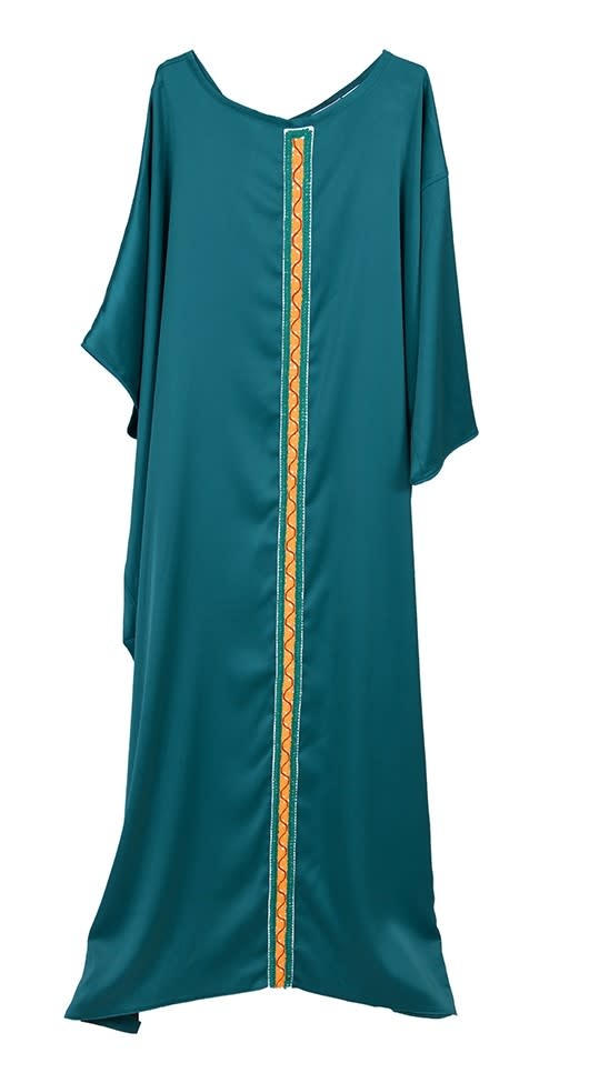 QOUTBA Turquoise Satin Kaftan with hand embroidered trim