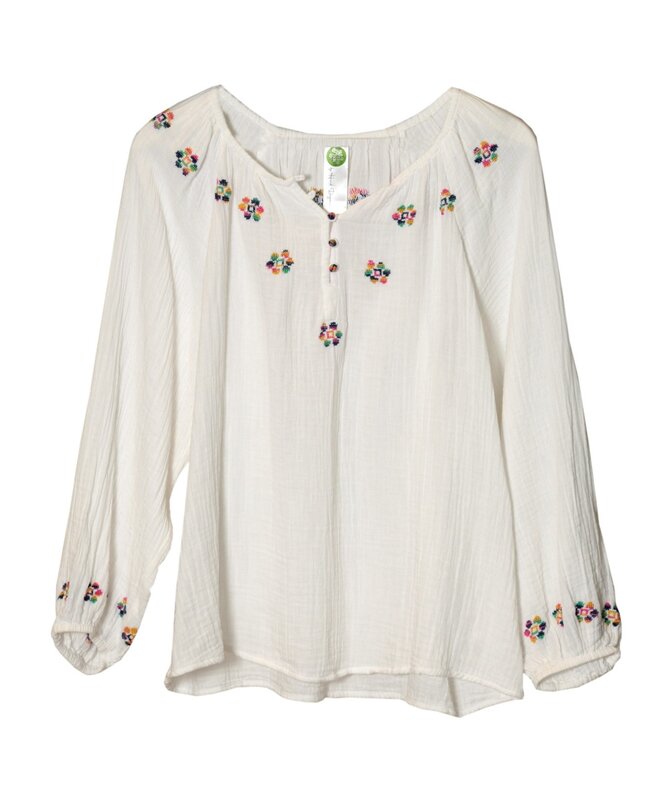 HIND MADE White Cotton Shirt with Hand-Stitched Colorful Flowers