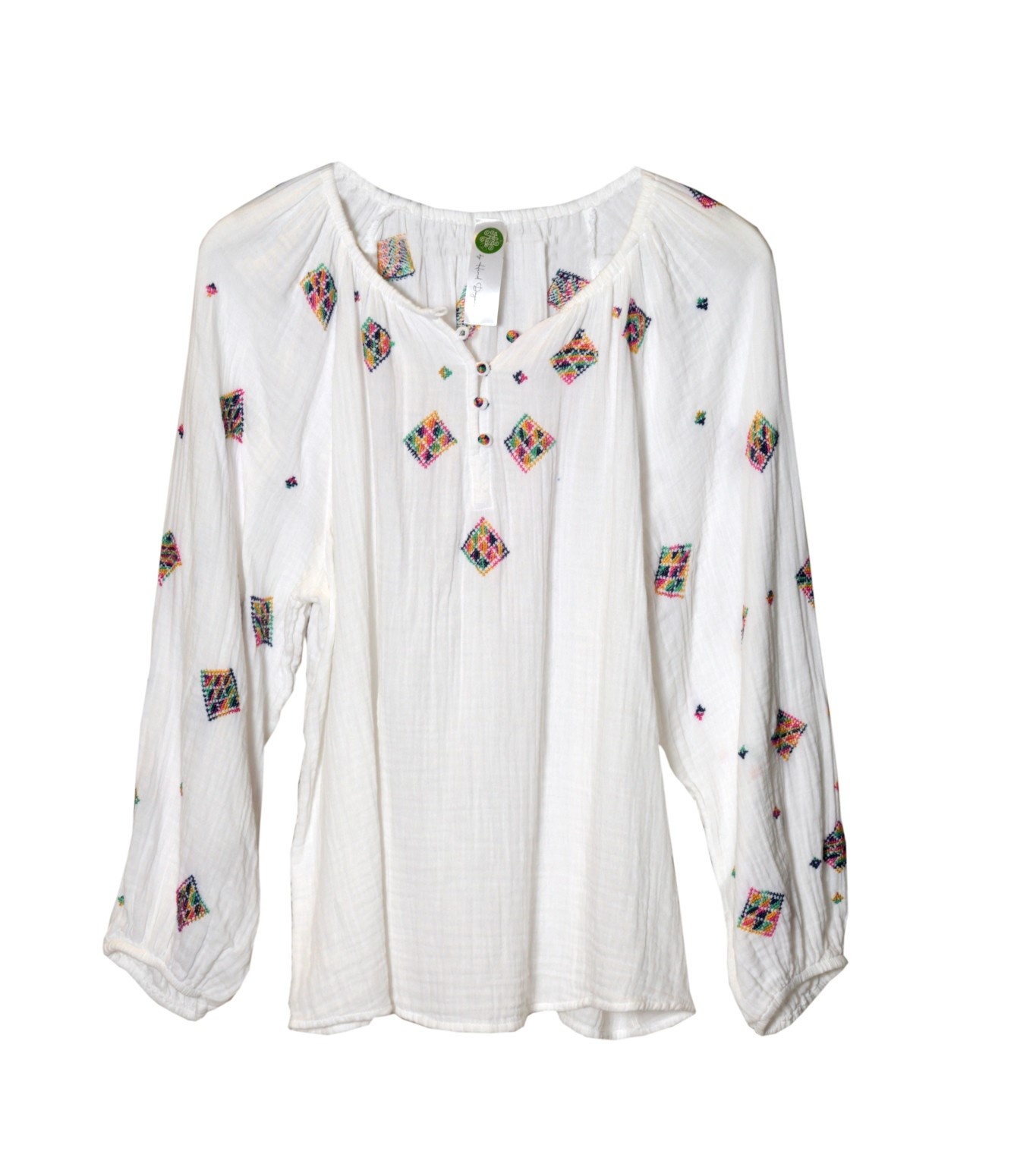 HIND MADE White Cotton Shirt with Hand-Stitched Colorful Rhombus Shapes