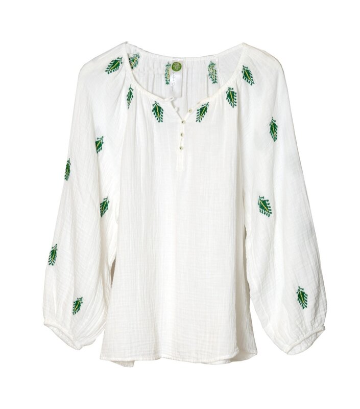 HIND MADE White Cotton Shirt with Hand-Stitched Green Leaves