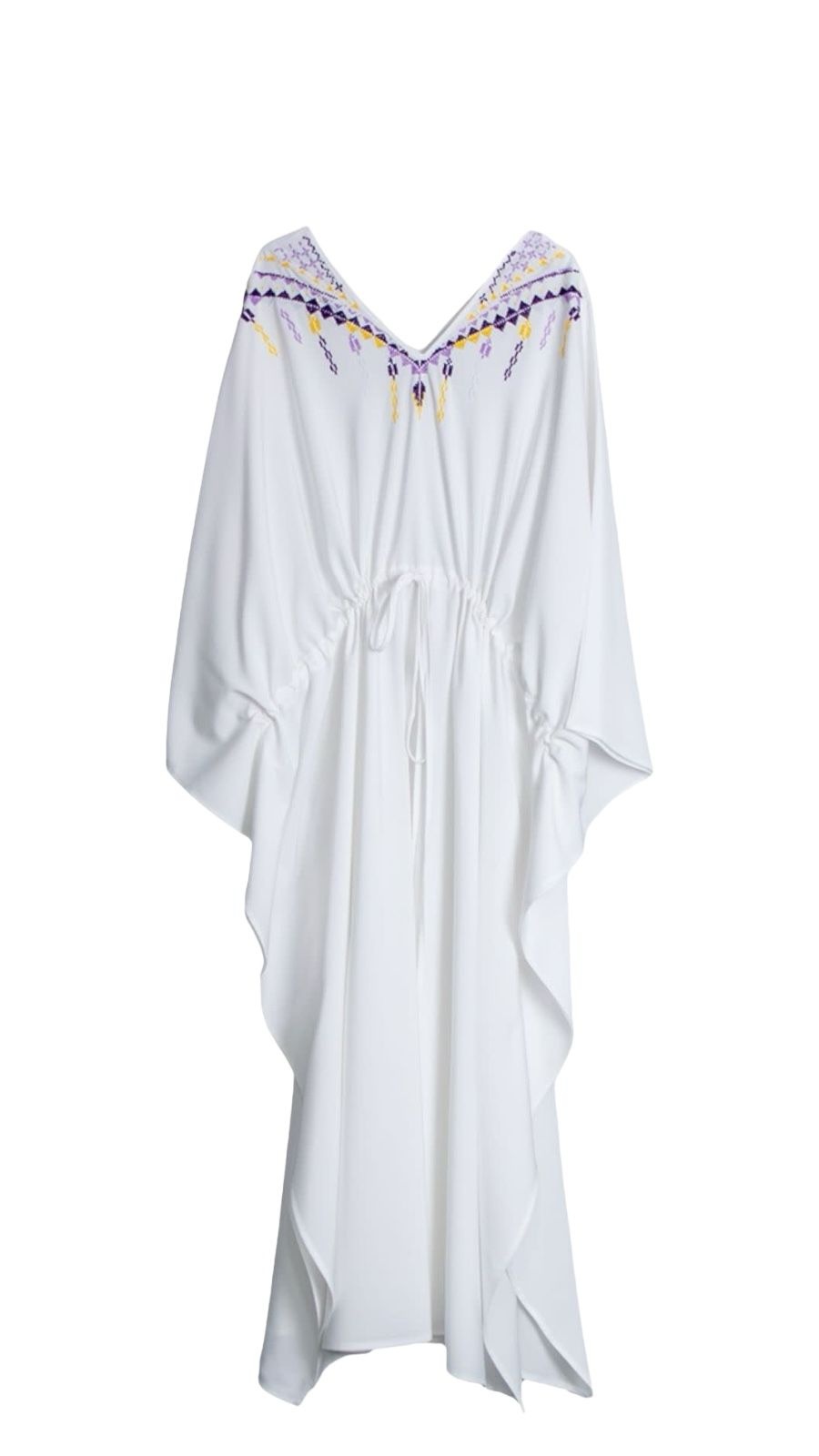 SOUK BALADNA White drawstring cover up with purple & yellow cross stitch embroidery