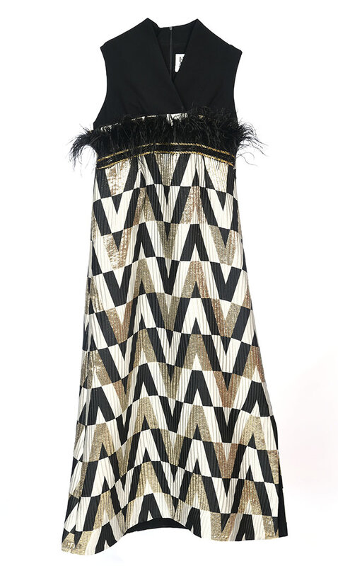 EMAN ALAHMAD Black Sleeveless Thob with Gold Geometric Pattern and Black Feathers