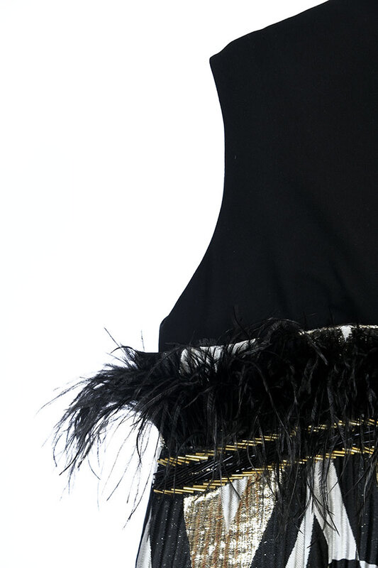 EMAN ALAHMAD Black Sleeveless Thob with Gold Geometric Pattern and Black Feathers