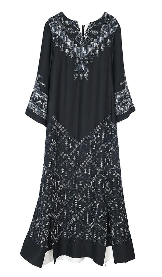 EMAN ALAHMAD BLACK ITALIAN SILK THOUB WITH White and GREY EMBROIDERY