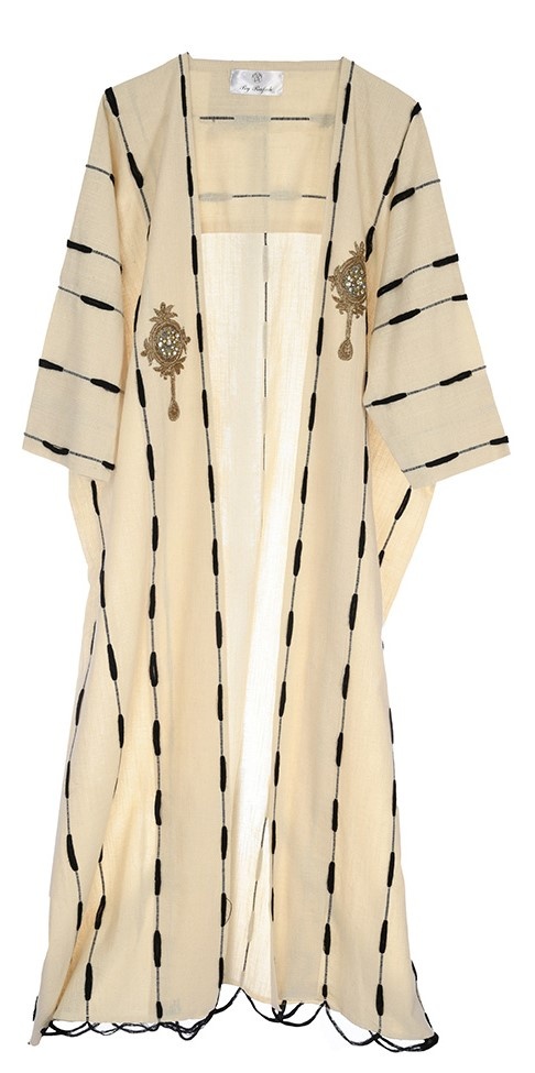 BY RAFAH OFF WHITE & BLACK LINEN ABAYA WITH GOLD BROCHE