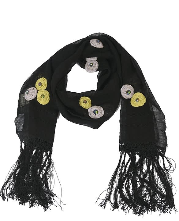 BY RAFAH BLACK NAJAF SHAWL WITH YELLOW AND BEIGE WOOL FLOWERS