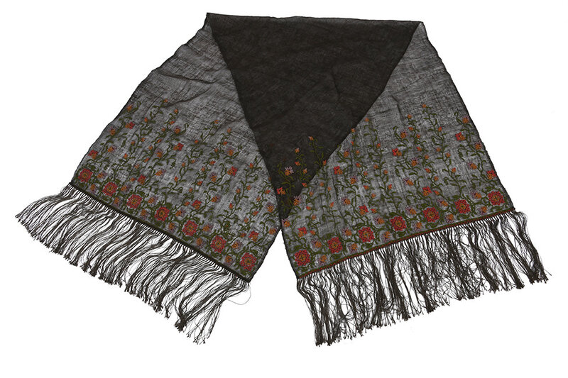 BY RAFAH DARK BROWN NAJAF SHAWL WITH FLORAL CROSS STITCH EMBROIDERY