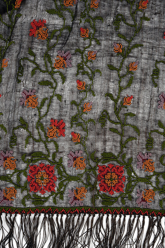 BY RAFAH DARK BROWN NAJAF SHAWL WITH FLORAL CROSS STITCH EMBROIDERY