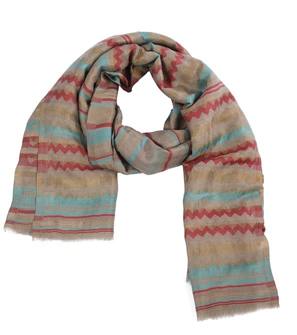 BY RAFAH Beige Pashmina Scarf with Red and Blue Stripes