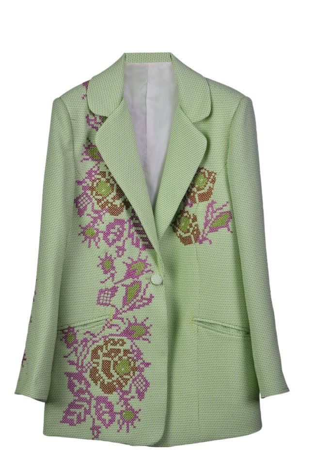 THE VIRGOO Light Green Blazer with Pink, Red And Green Floral Cross-Stitched Embroidery