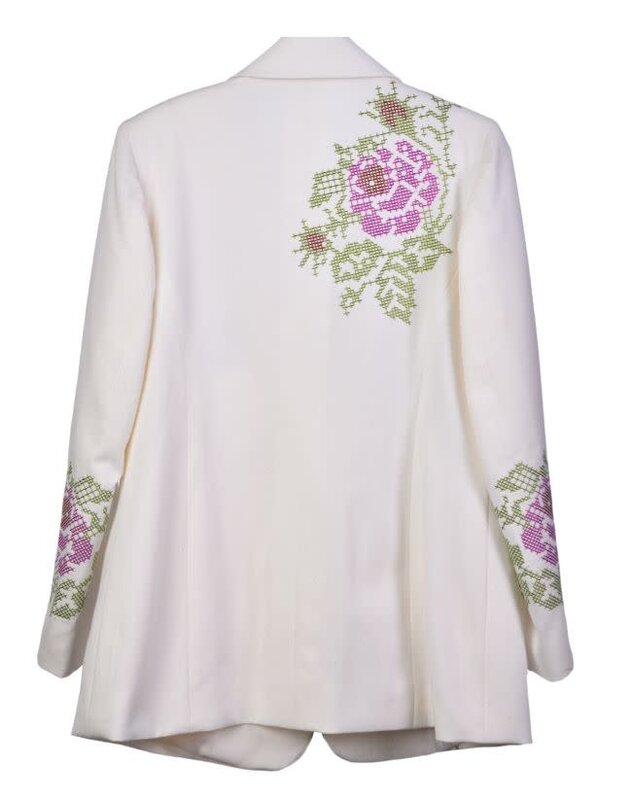 THE VIRGOO White Blazer with Pink, Red And Green Floral Cross-Stitched Embroidery