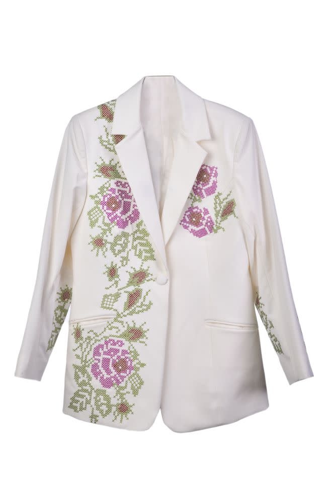 THE VIRGOO White Blazer with Pink, Red And Green Floral Cross-Stitched Embroidery