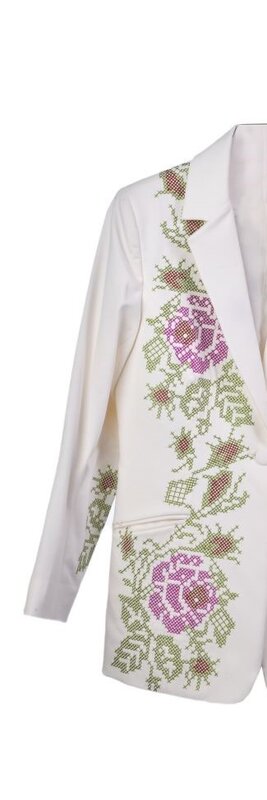 THE VIRGOO White Blazer with Pink, Red And Green Floral Cross-Stitched Embroidery