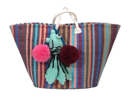 BASMA COLLECTION Large Striped Beach Bag with Pompoms