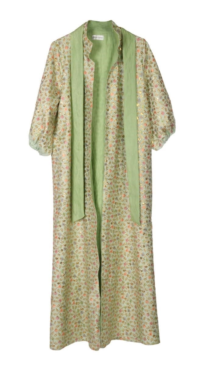 FADIA MASHAAL Pastel Green Open Abaya with Multi-Color Floral Design