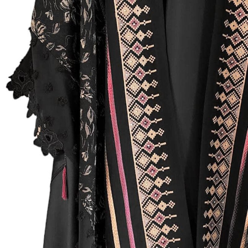 OLA'S GARDEN black Abaya with embroidery and fuchsia tassels