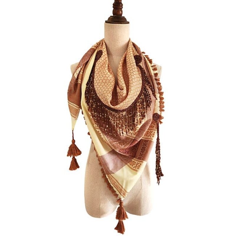 OLA'S GARDEN Beige and brown scarf with brown tassels