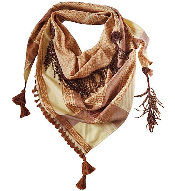 OLA'S GARDEN Beige and brown scarf with brown tassels