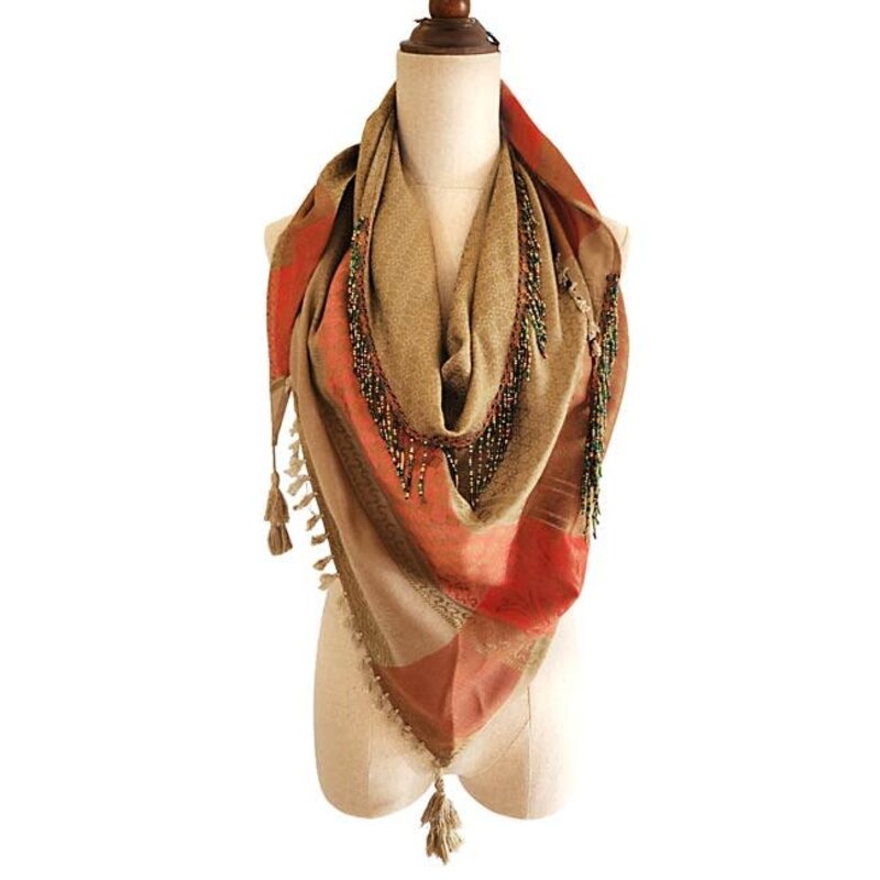 OLA'S GARDEN Brown and orange scarf with green and orange tassels