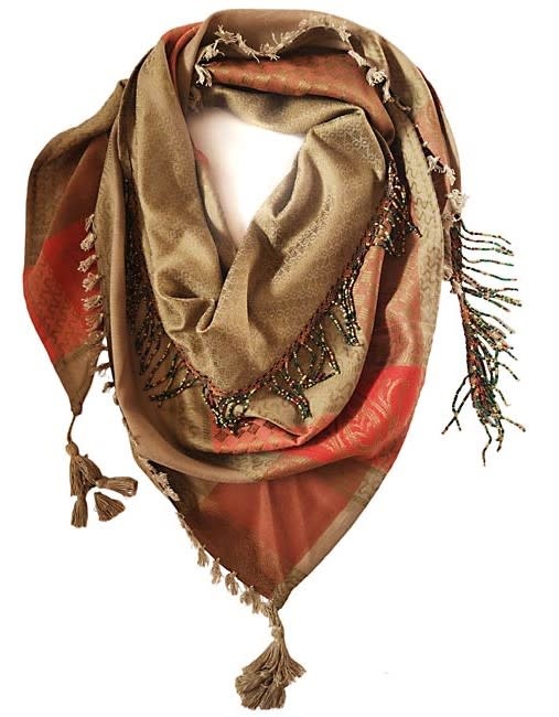 OLA'S GARDEN Brown and orange scarf with green and orange tassels